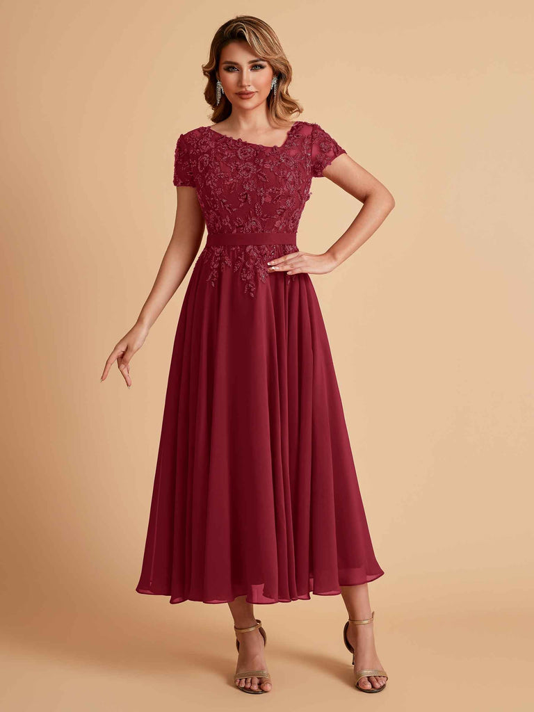 Robes de mère de la mariée coupe trapèze en mousseline à manches courtes