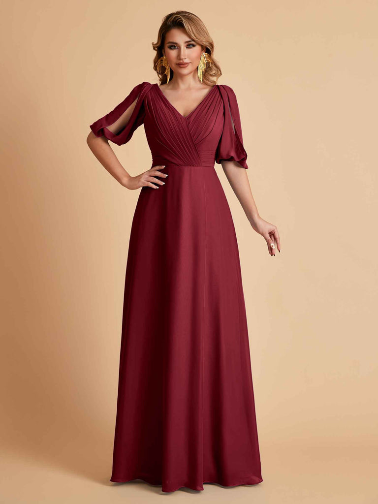 Robes de mère de la mariée élégantes en mousseline de soie manches mi-longues et col en V