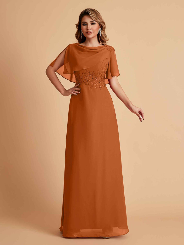 Robes de mère de la mariée en mousseline de soie manches mi-longues et bijoux