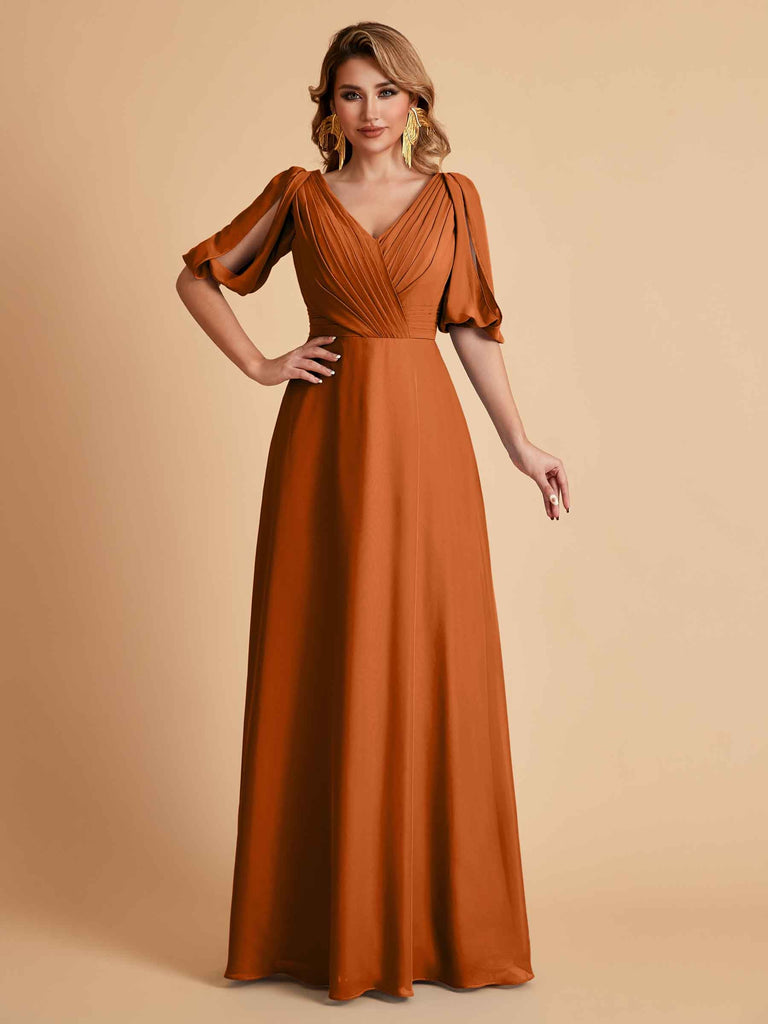 Robes de mère de la mariée élégantes en mousseline de soie manches mi-longues et col en V