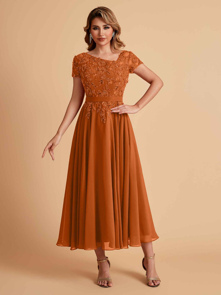 Robes de mère de la mariée coupe trapèze en mousseline à manches courtes
