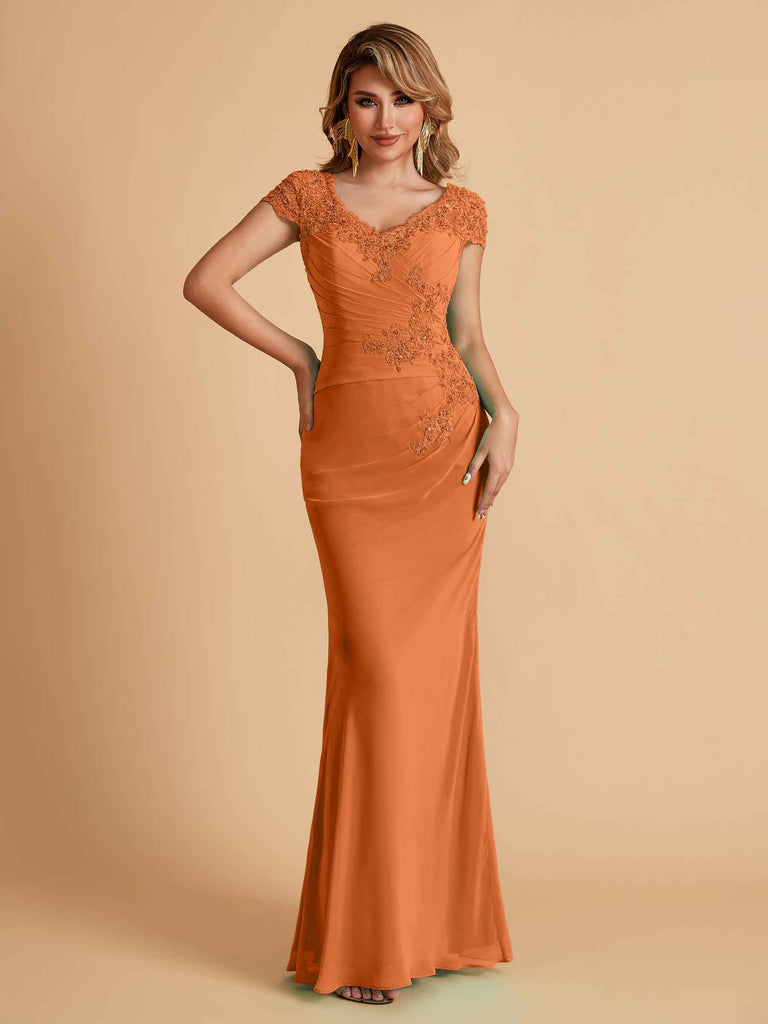 Robe de mère de la mariée col en V élégante en mousseline manches courtes