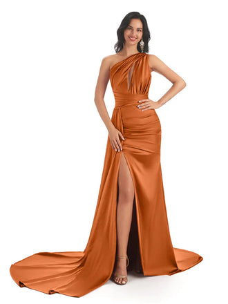 Orange brûlé sexy fente latérale longue dépareillée sirène en satin longues robes de demoiselle d'honneur