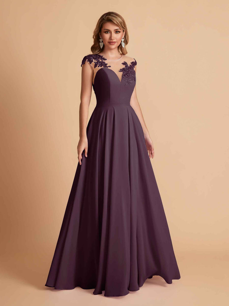 robes d'invitées de mariage en mousseline haut en dentelle illusion col en V
