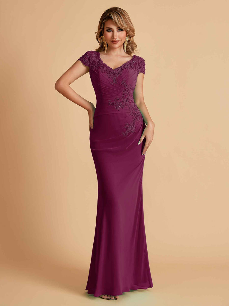 Robe de mère de la mariée col en V élégante en mousseline manches courtes