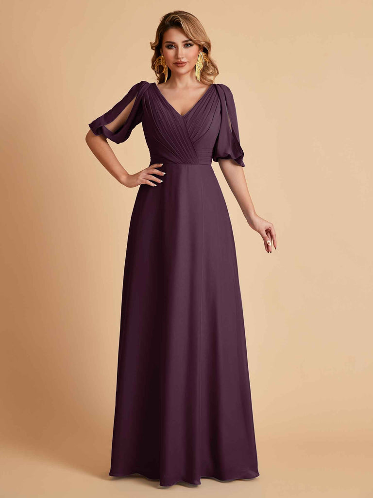 Robes de mère de la mariée élégantes en mousseline de soie manches mi-longues et col en V