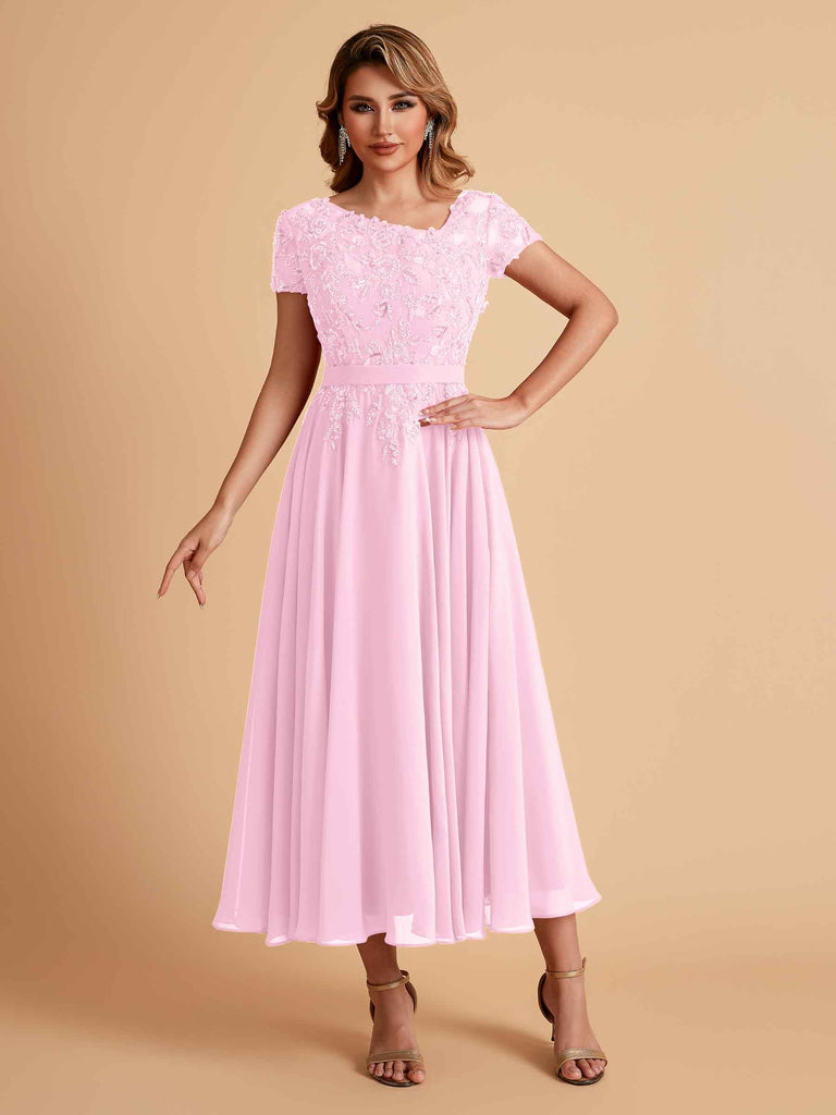Robes de mère de la mariée coupe trapèze en mousseline à manches courtes