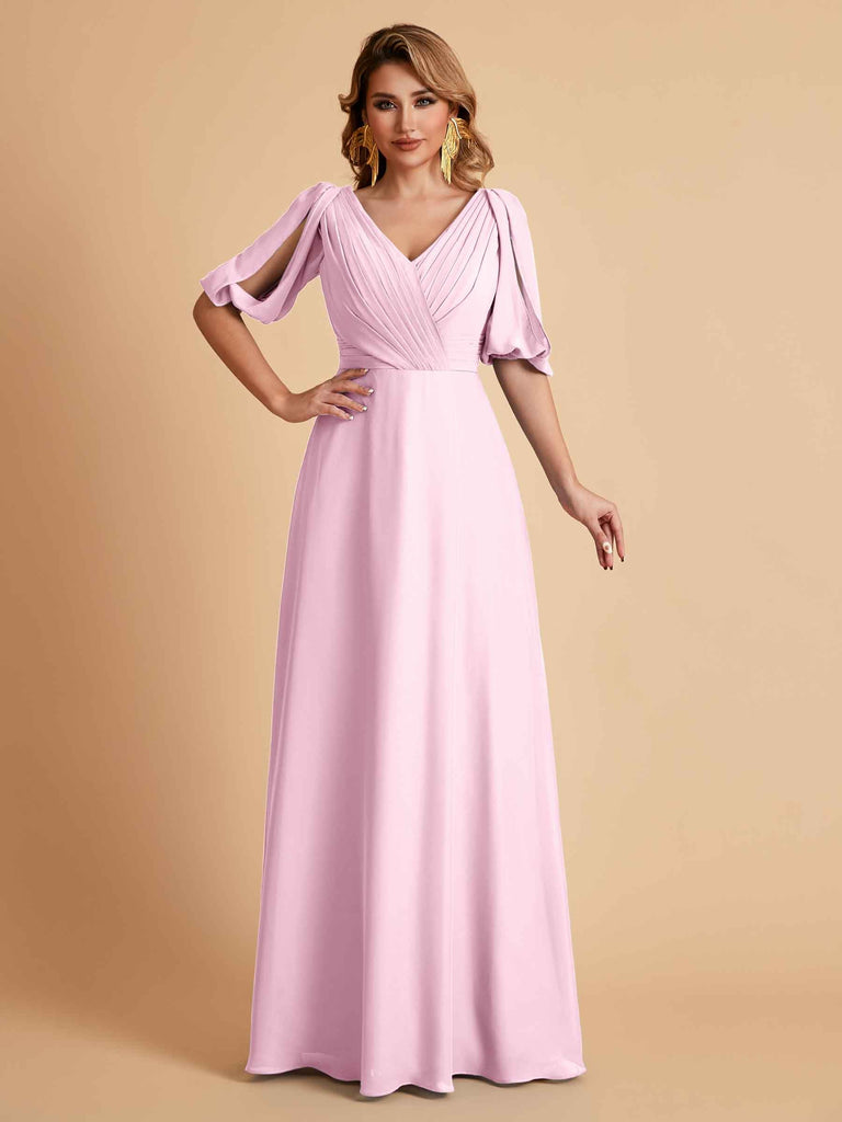 Robes de mère de la mariée élégantes en mousseline de soie manches mi-longues et col en V