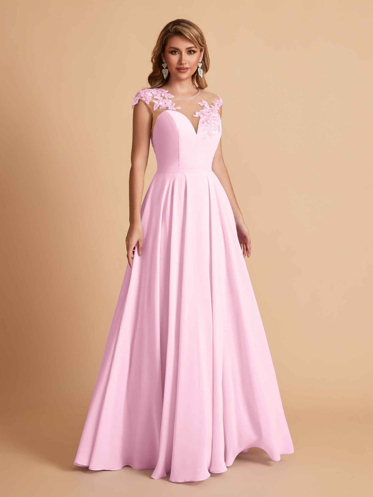robes d'invitées de mariage en mousseline haut en dentelle illusion col en V