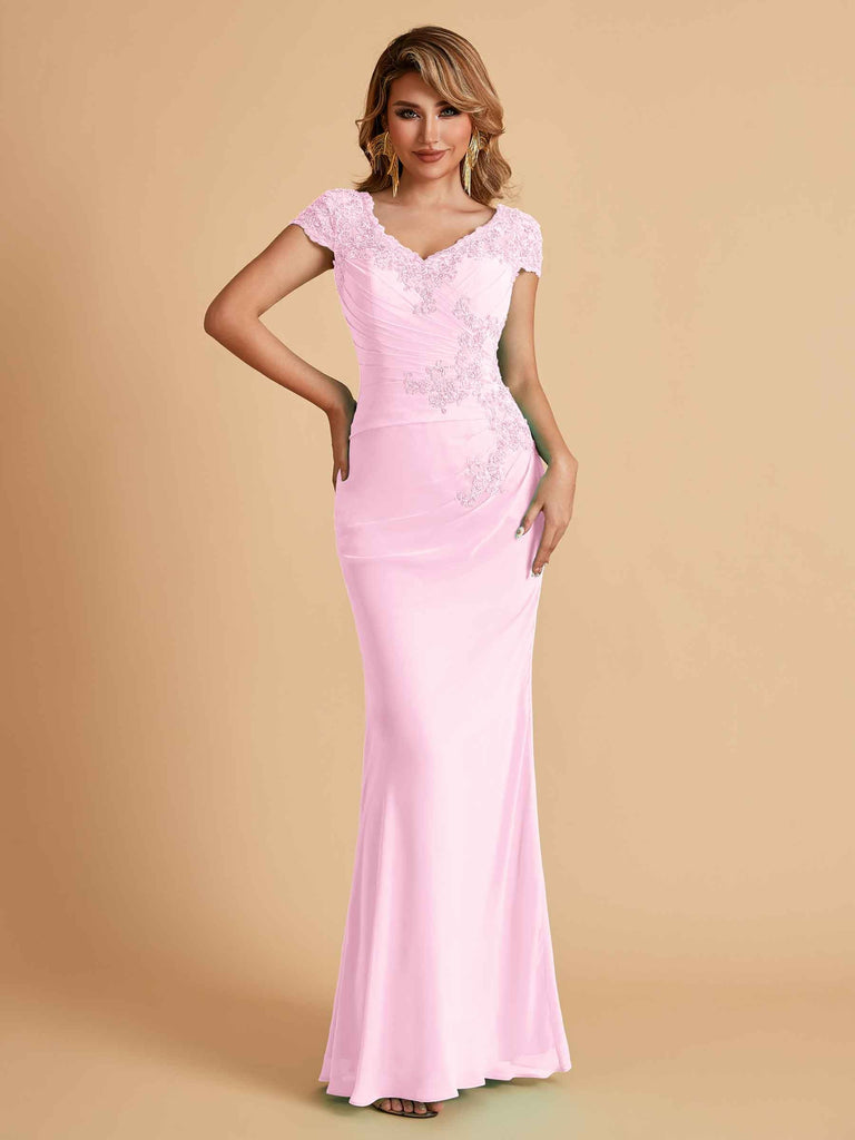 Robe de mère de la mariée col en V élégante en mousseline manches courtes
