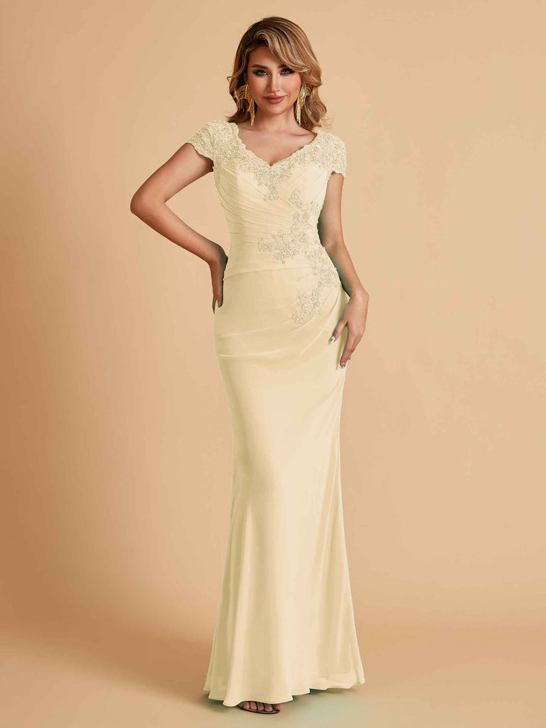 Robe de mère de la mariée col en V élégante en mousseline manches courtes