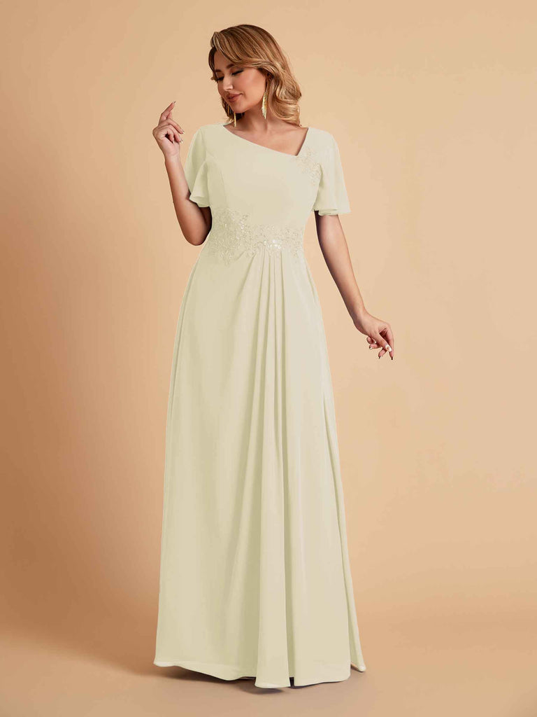 Robes de mère de la mariée élégantes coupe trapèze manches courtes et col en V