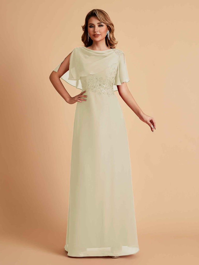 Robes de mère de la mariée en mousseline de soie manches mi-longues et bijoux