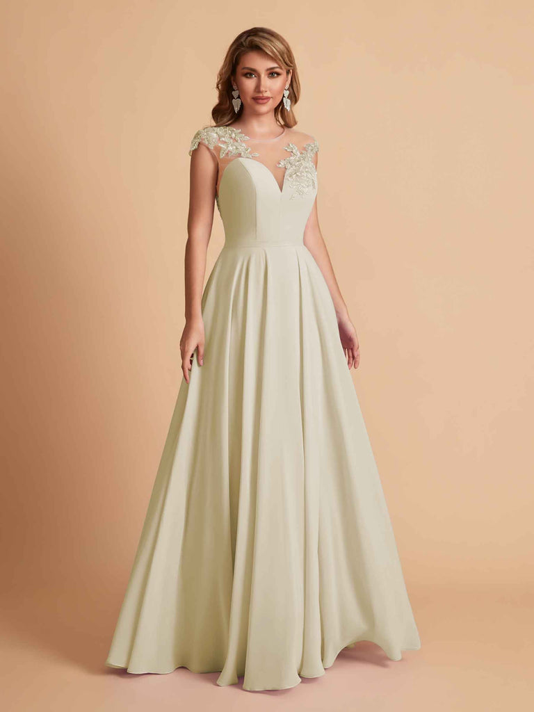 robes d'invitées de mariage en mousseline haut en dentelle illusion col en V