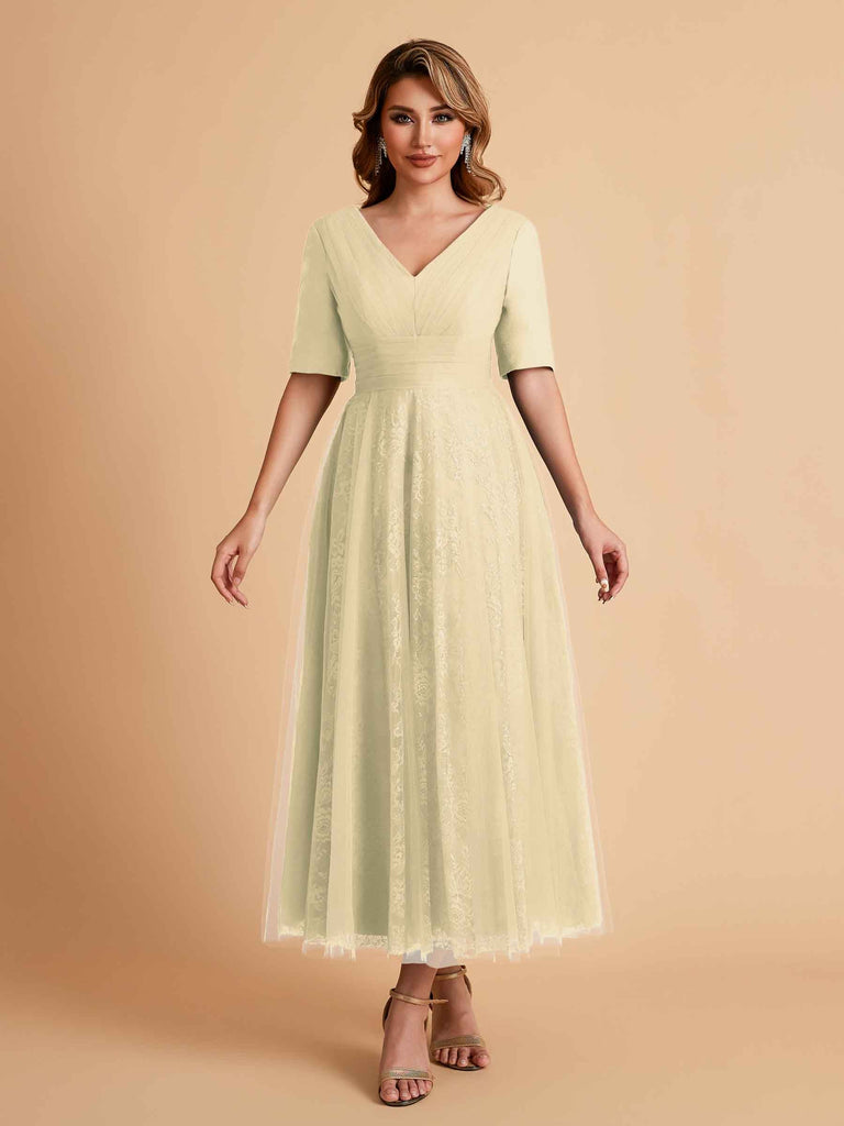 Robes de mère de la mariée élégantes manches mi-longues et col en V