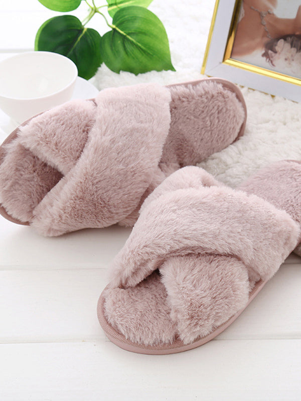 Women's Cross Band Fuzzy Slippers Plush Furry House Slippers Bridesmaid Slippers