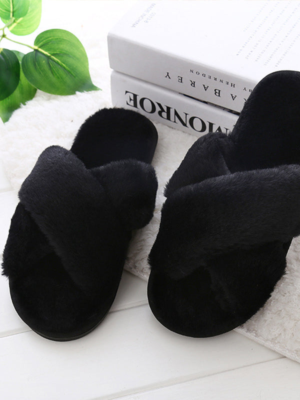 Women's Cross Band Fuzzy Slippers Plush Furry House Slippers Bridesmaid Slippers