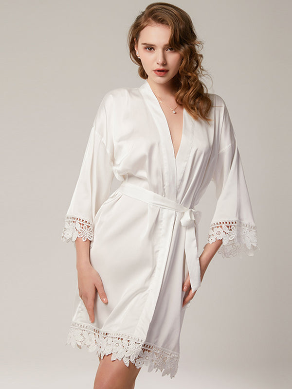 Women's Lace Trim Bride Bridesmaid Robes Silk Like Bridal Party Robes for Wedding Robes