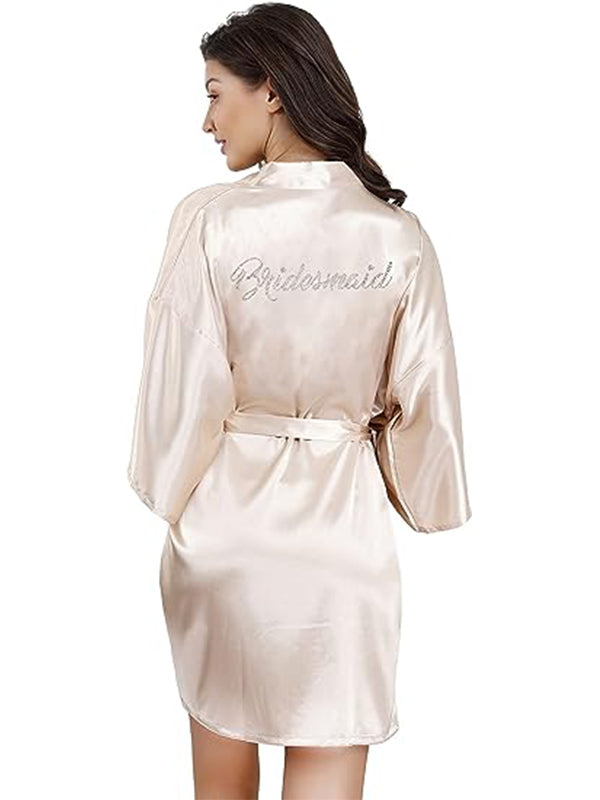 Women's One Size Silver Rhinestones Bride Bridesmaid Short Satin Robes for Wedding Party