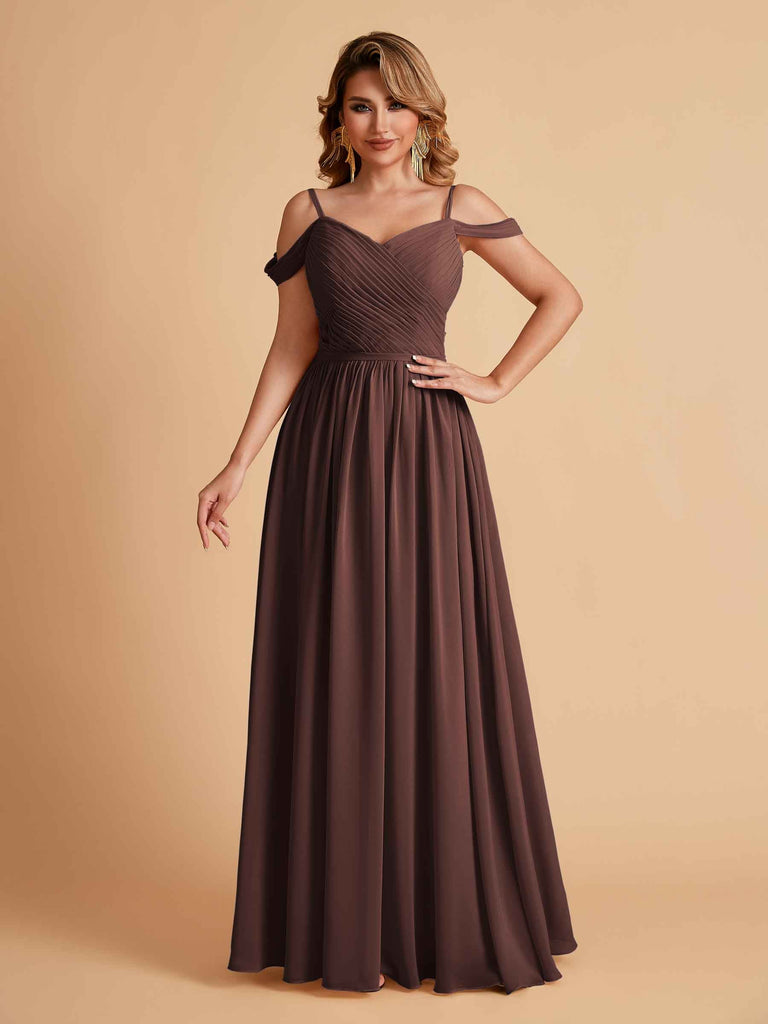 Robe élégante en mousseline trapèze épaules dénudées col en V