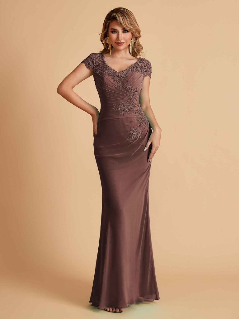 Robe de mère de la mariée col en V élégante en mousseline manches courtes