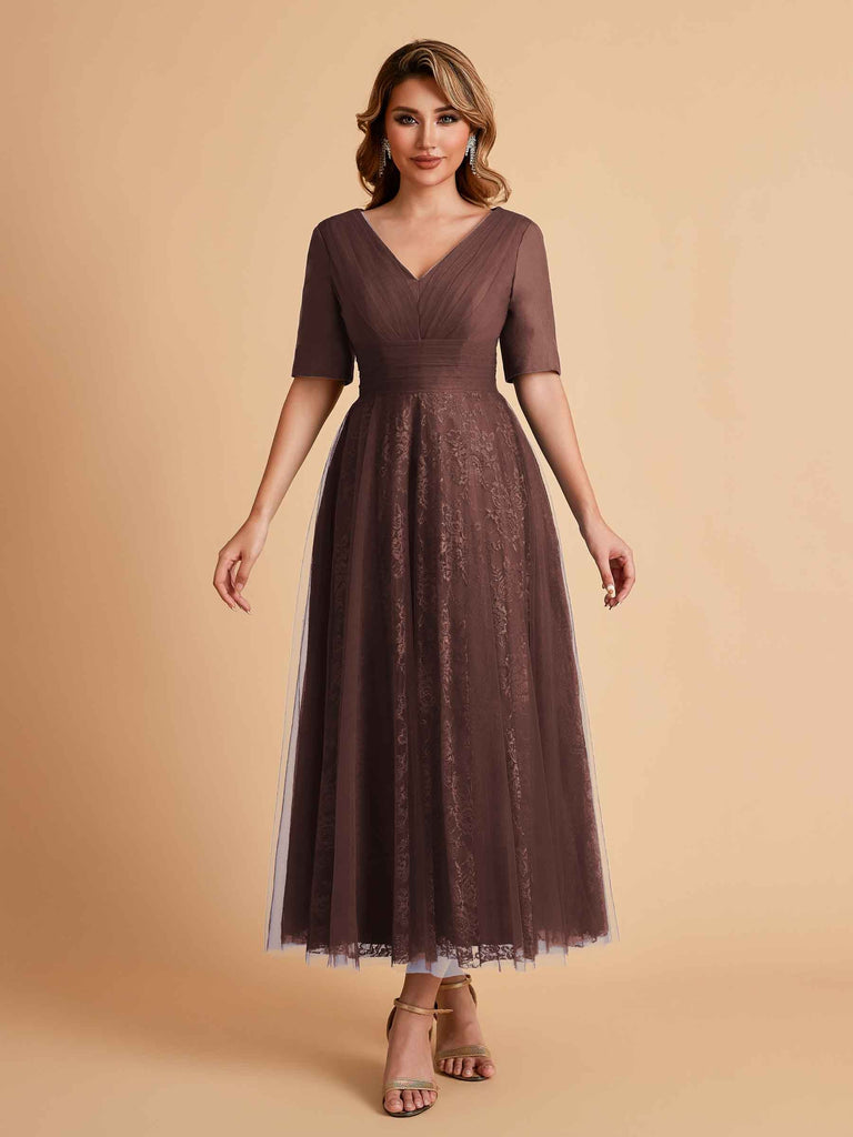Robes de mère de la mariée élégantes manches mi-longues et col en V