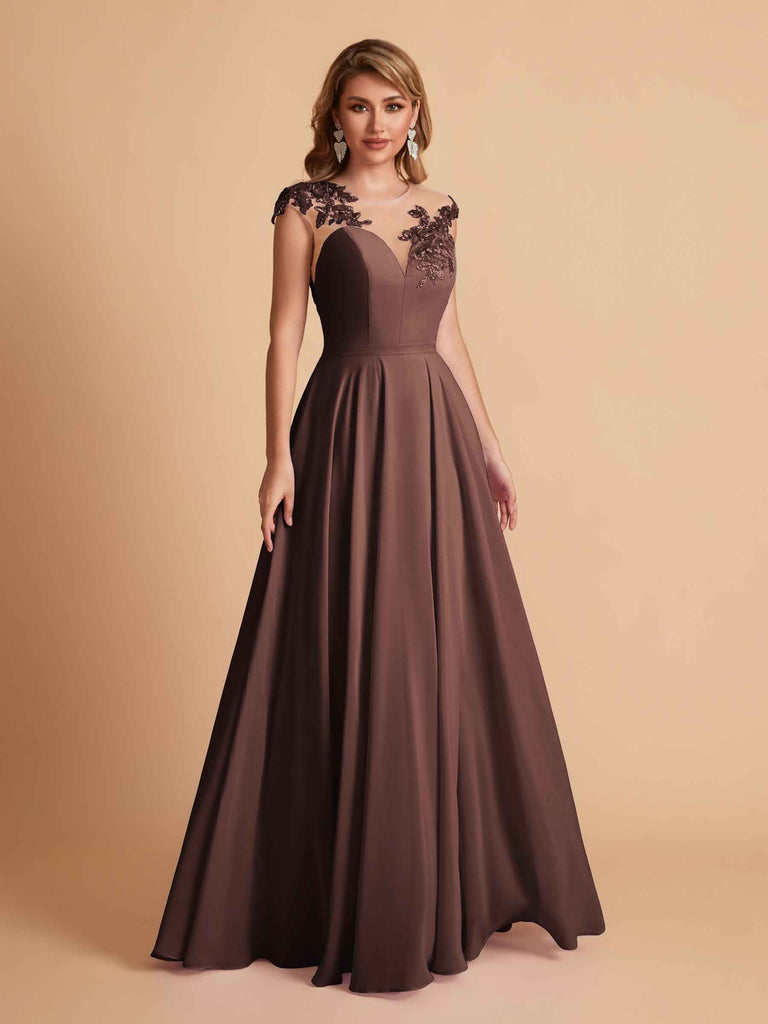 robes d'invitées de mariage en mousseline haut en dentelle illusion col en V