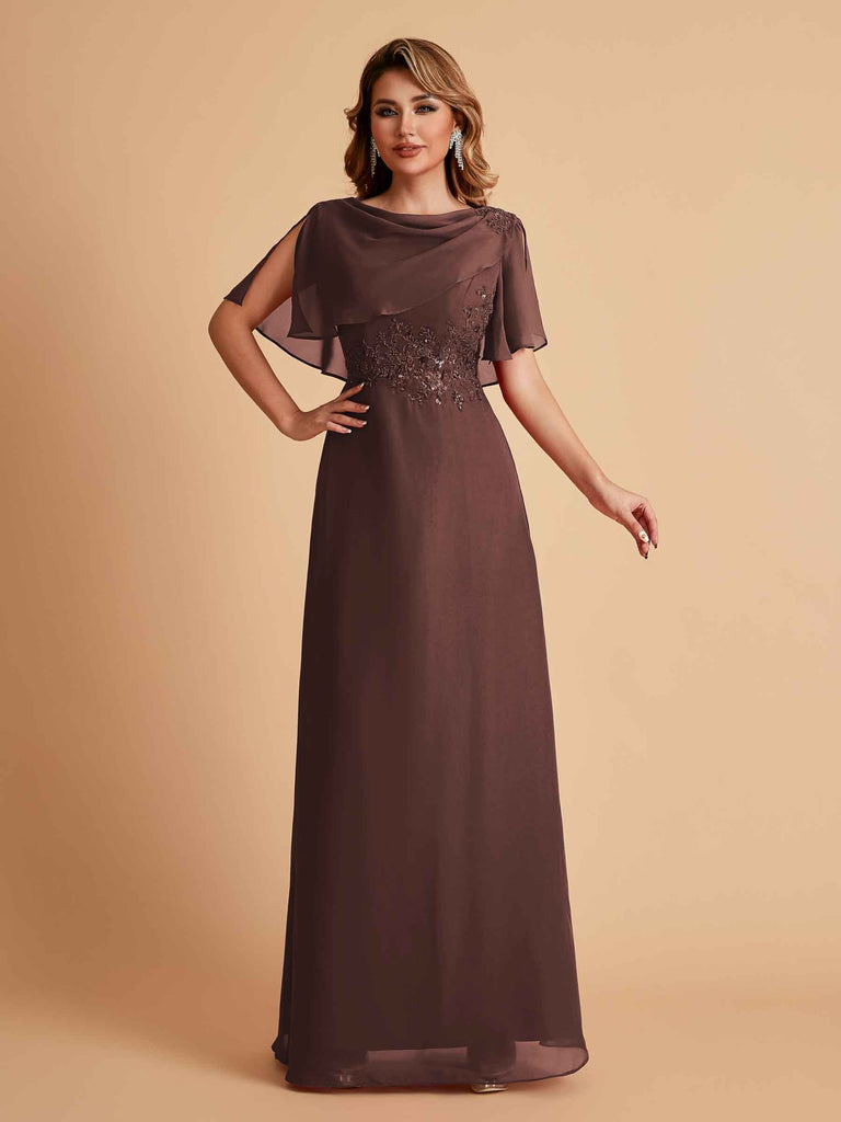 Robes de mère de la mariée en mousseline de soie manches mi-longues et bijoux