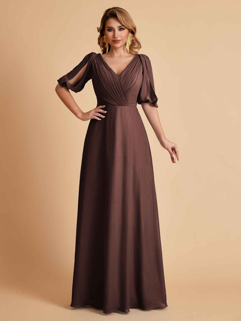 Robes de mère de la mariée élégantes en mousseline de soie manches mi-longues et col en V