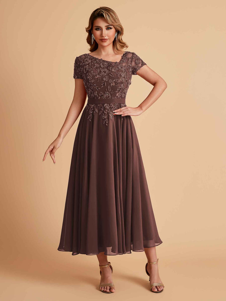 Robes de mère de la mariée coupe trapèze en mousseline à manches courtes