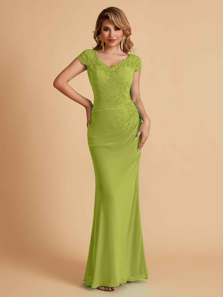 Robe de mère de la mariée col en V élégante en mousseline manches courtes