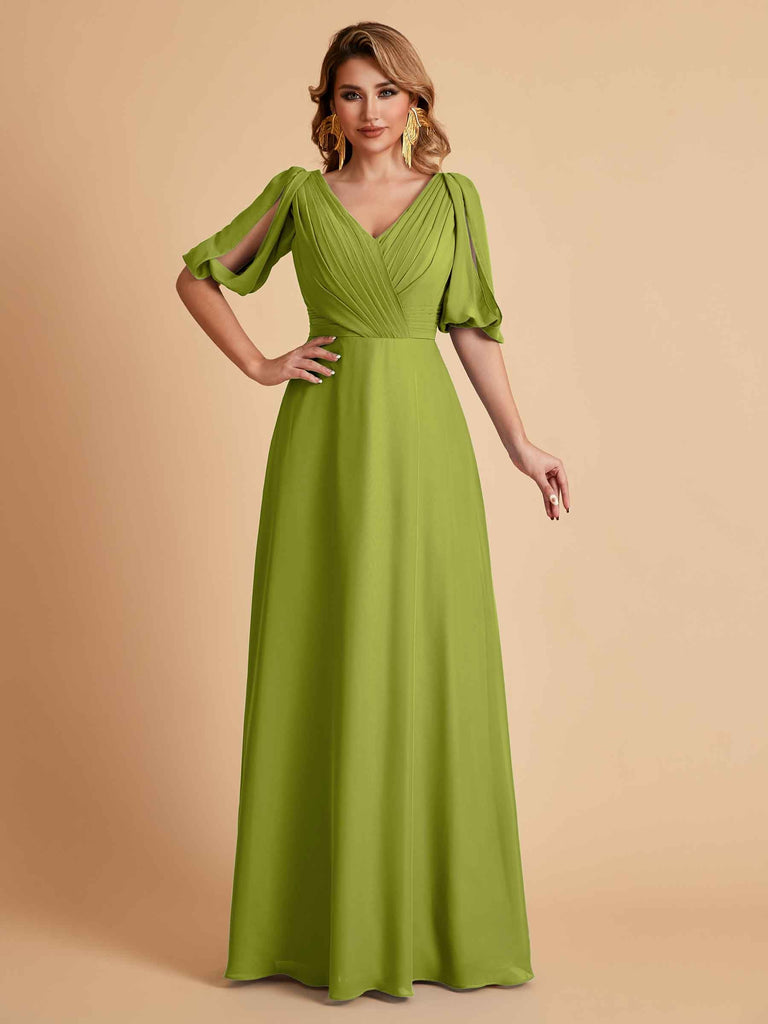 Robes de mère de la mariée élégantes en mousseline de soie manches mi-longues et col en V