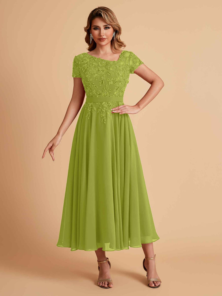Robes de mère de la mariée coupe trapèze en mousseline à manches courtes
