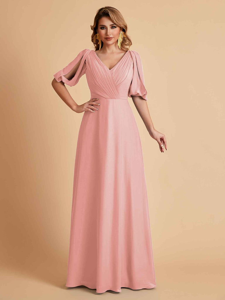 Robes de mère de la mariée élégantes en mousseline de soie manches mi-longues et col en V