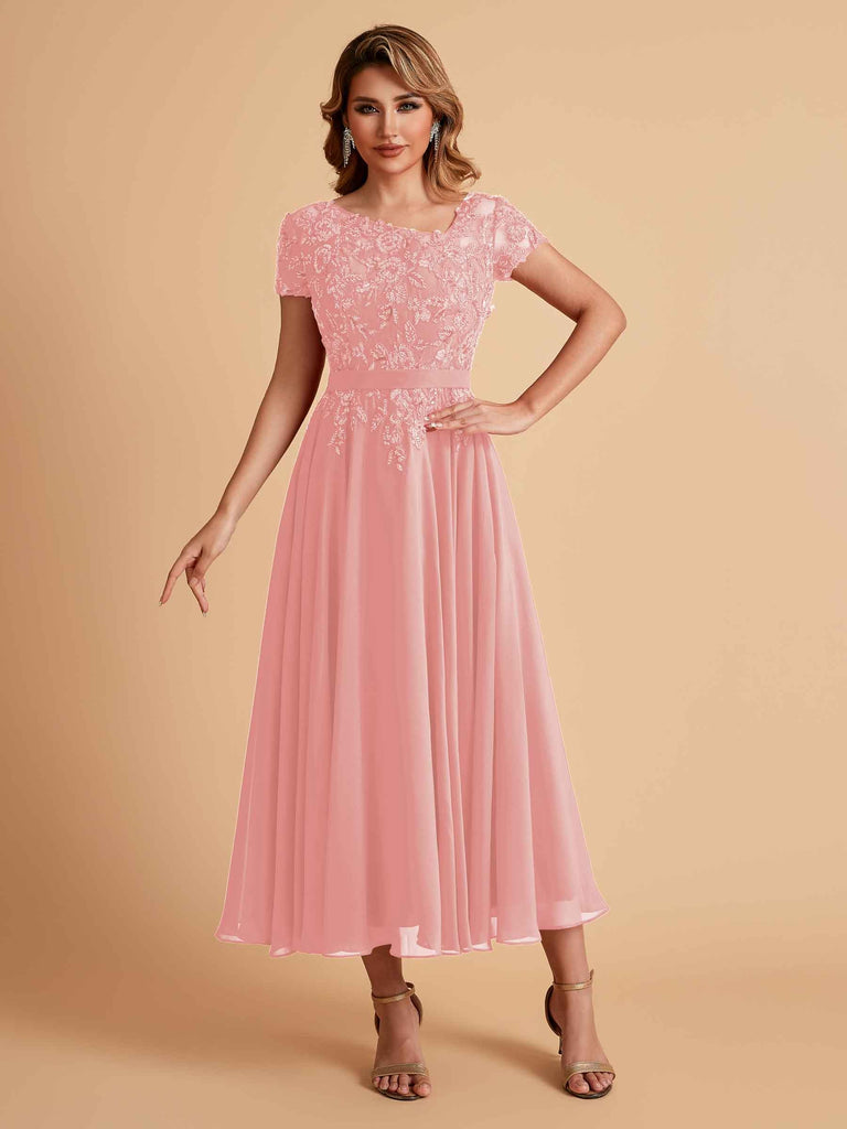 Robes de mère de la mariée coupe trapèze en mousseline à manches courtes