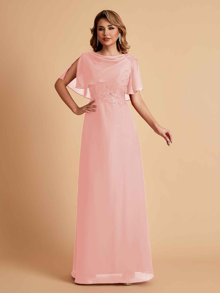 Robes de mère de la mariée en mousseline de soie manches mi-longues et bijoux