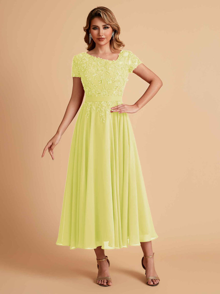 Robes de mère de la mariée coupe trapèze en mousseline à manches courtes
