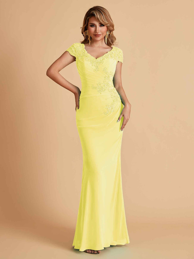 Robe de mère de la mariée col en V élégante en mousseline manches courtes