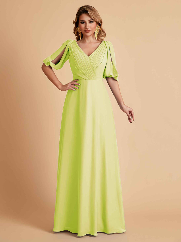Robes de mère de la mariée élégantes en mousseline de soie manches mi-longues et col en V