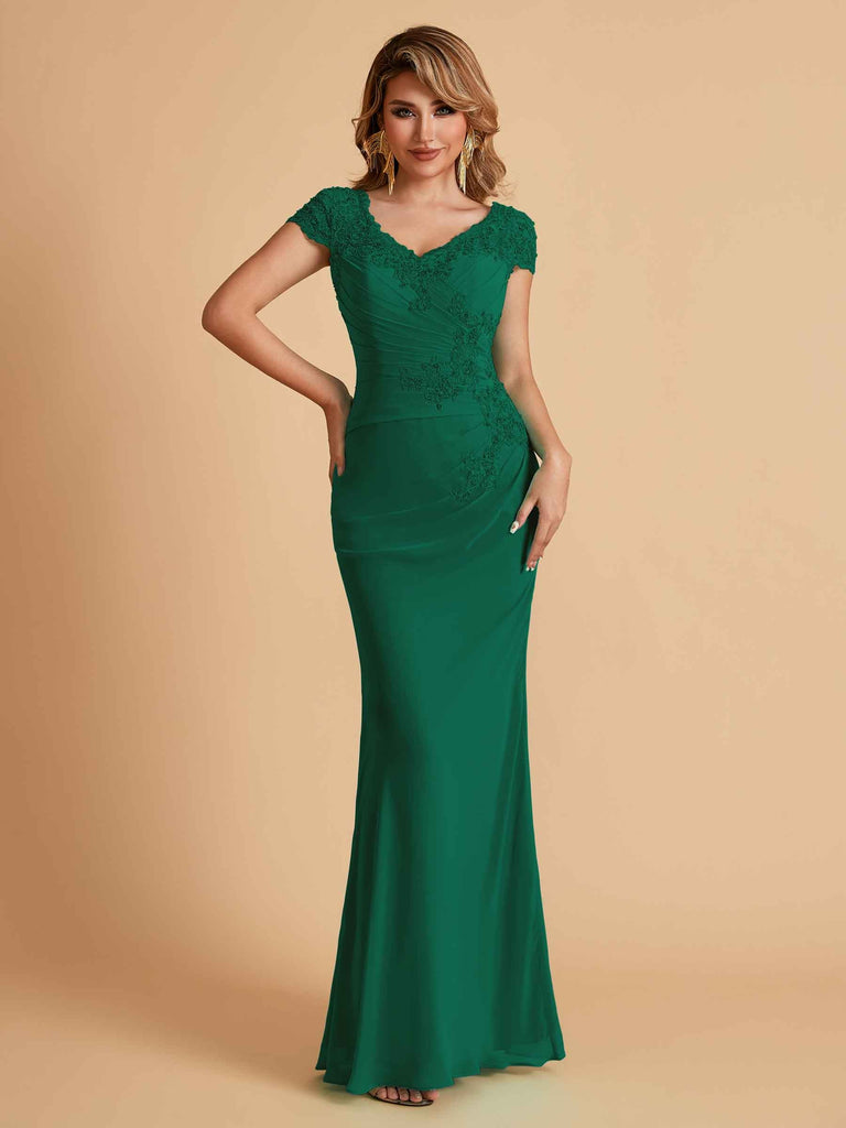 Robe de mère de la mariée col en V élégante en mousseline manches courtes