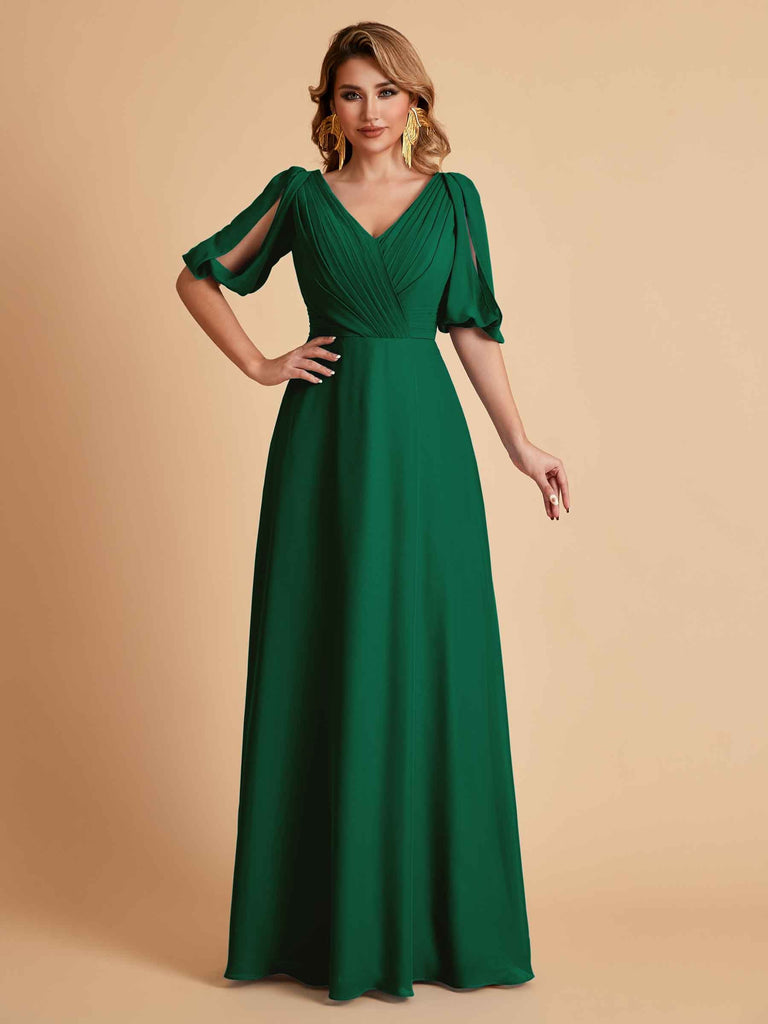Robes de mère de la mariée élégantes en mousseline de soie manches mi-longues et col en V
