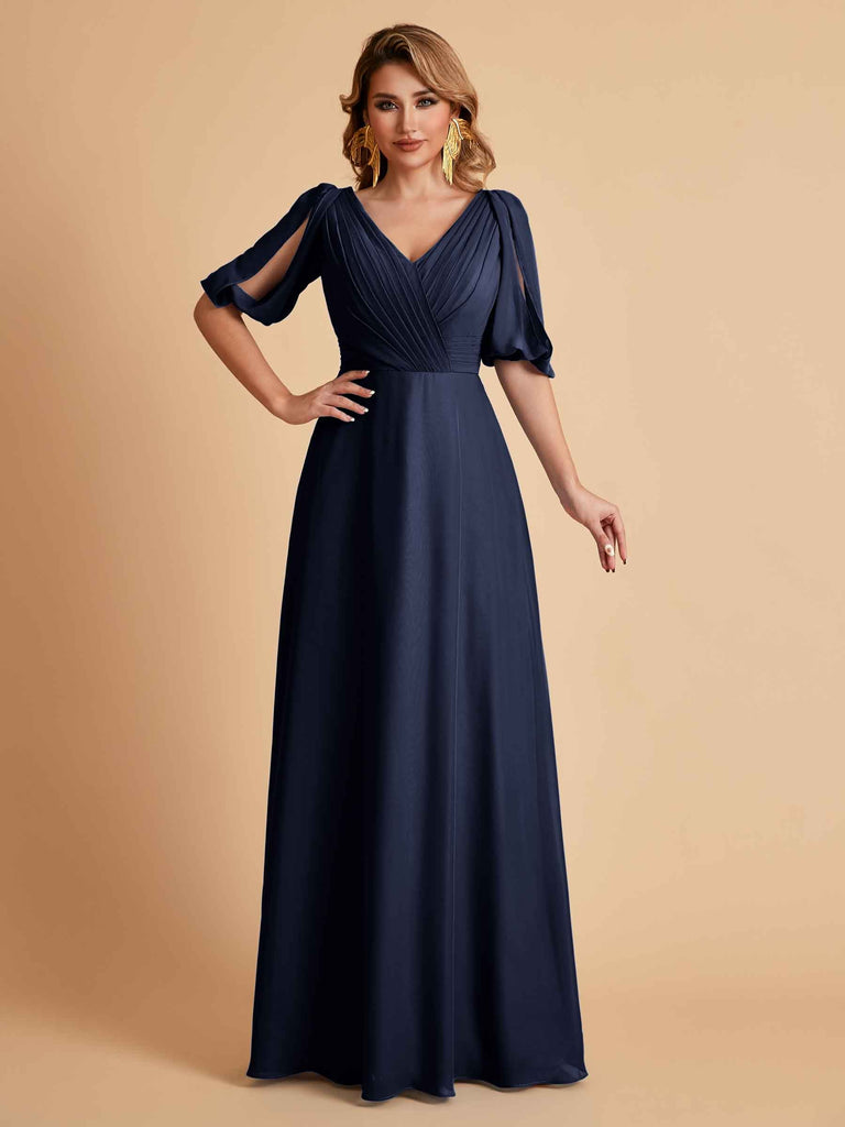 Robes de mère de la mariée élégantes en mousseline de soie manches mi-longues et col en V