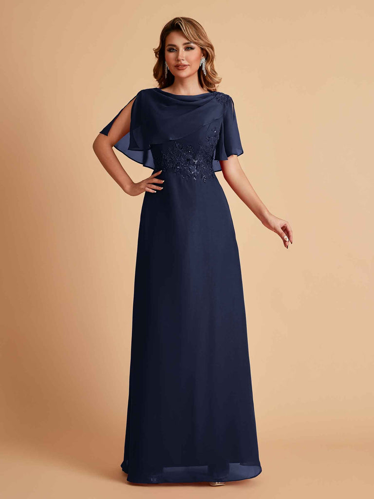 Robes de mère de la mariée en mousseline de soie manches mi-longues et bijoux