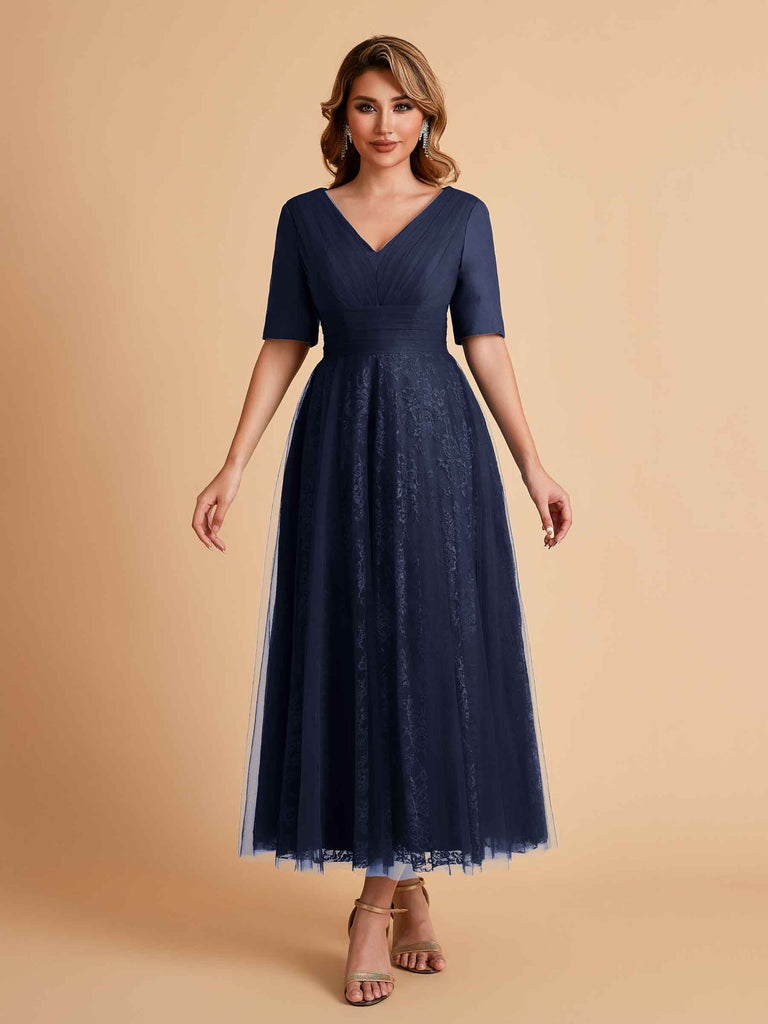 Robes de mère de la mariée élégantes manches mi-longues et col en V