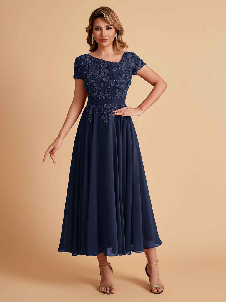 Robes de mère de la mariée coupe trapèze en mousseline à manches courtes
