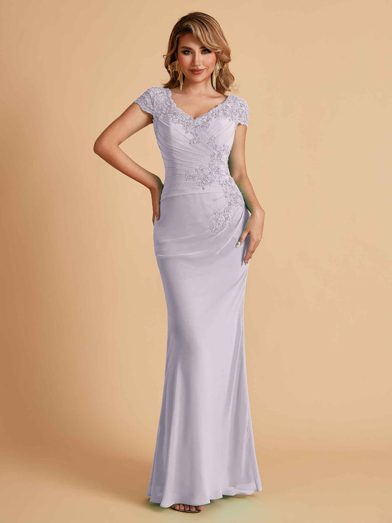 Robe de mère de la mariée col en V élégante en mousseline manches courtes