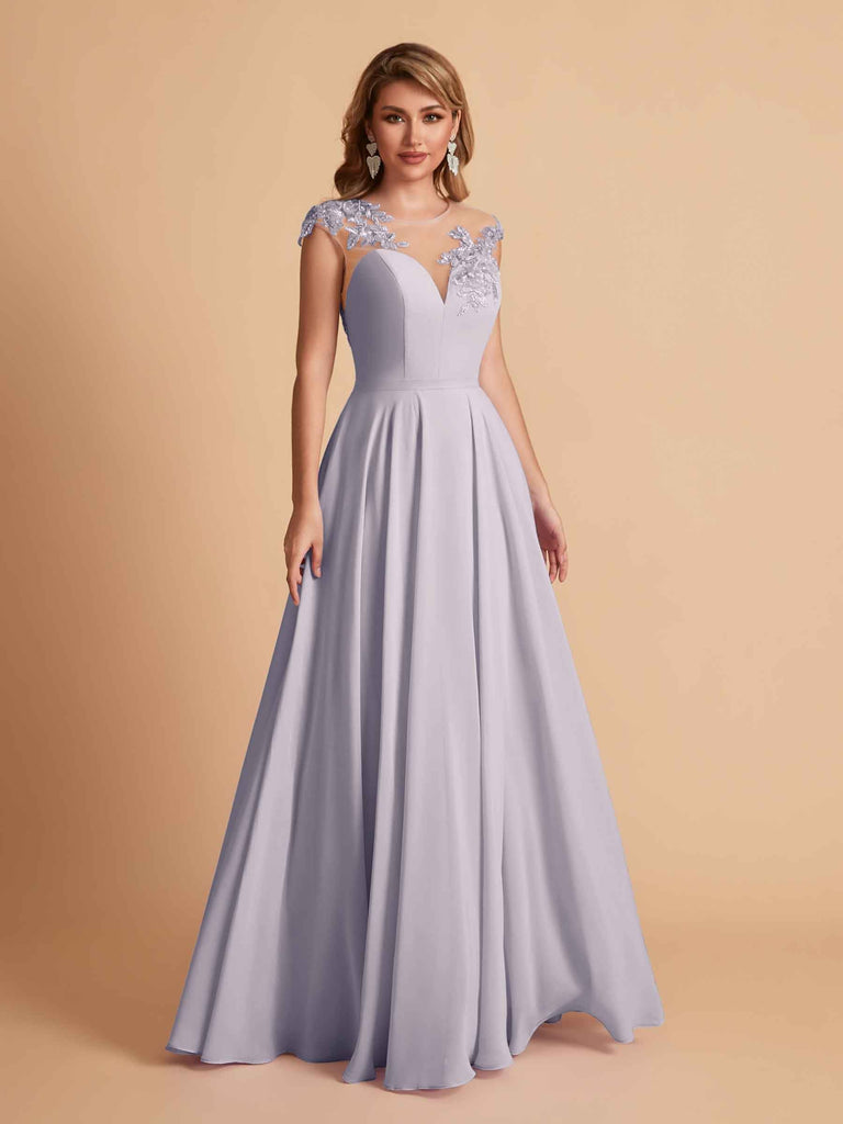 robes d'invitées de mariage en mousseline haut en dentelle illusion col en V