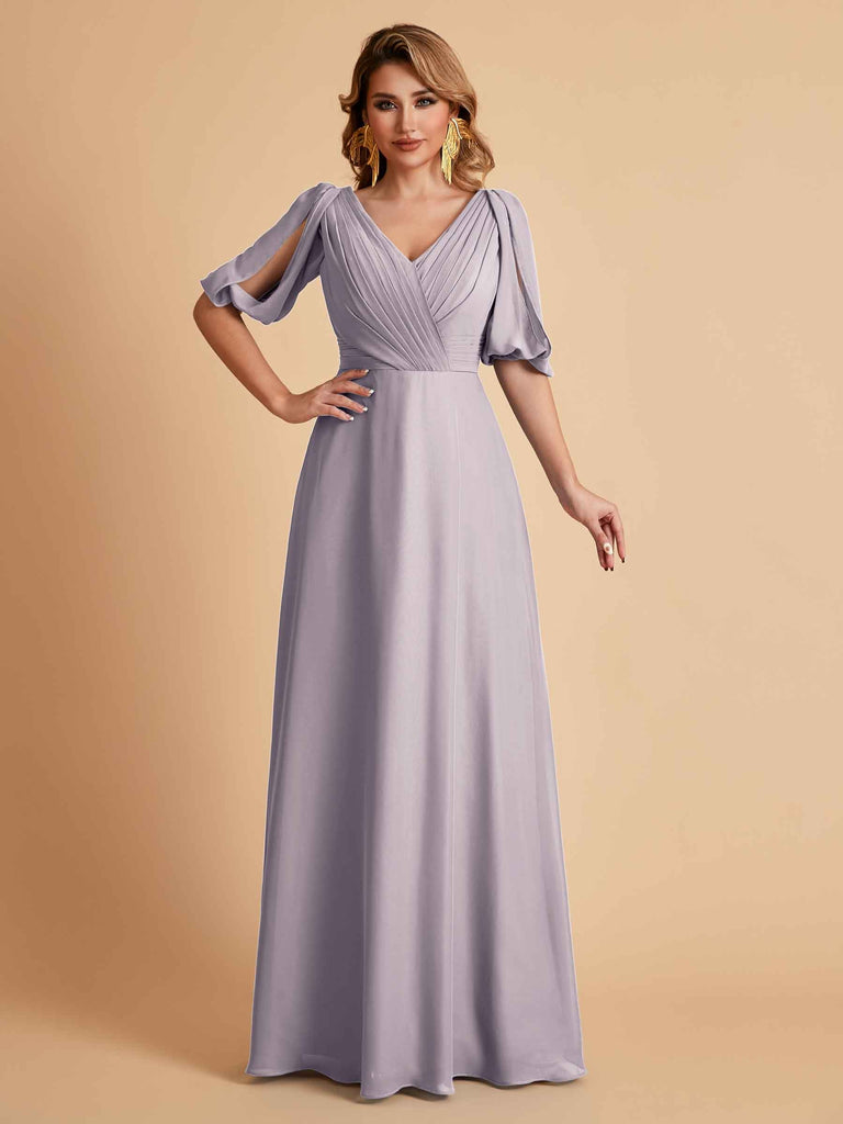 Robes de mère de la mariée élégantes en mousseline de soie manches mi-longues et col en V