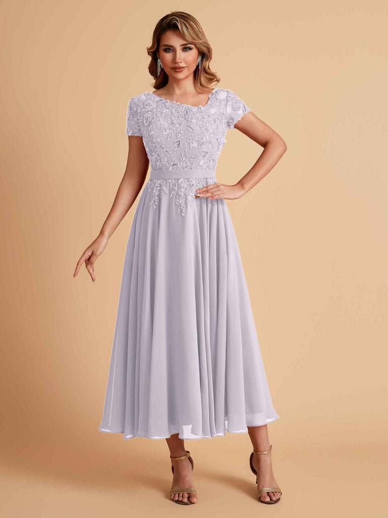 Robes de mère de la mariée coupe trapèze en mousseline à manches courtes