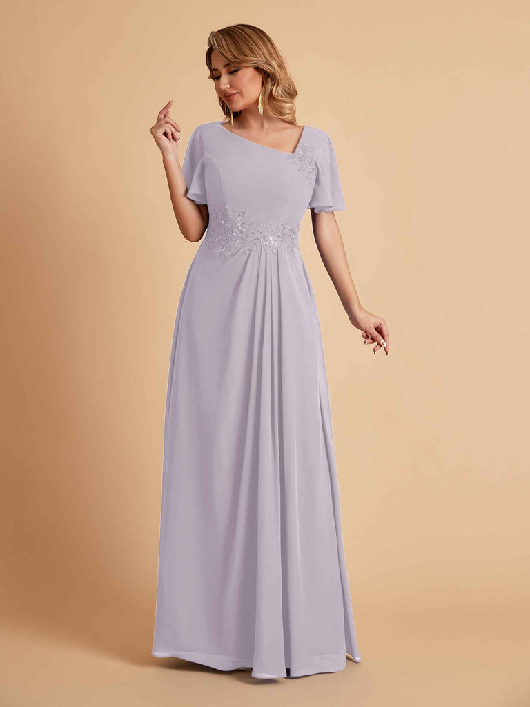 Robes de mère de la mariée élégantes coupe trapèze manches courtes et col en V